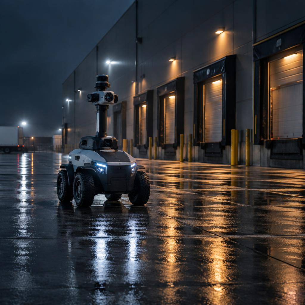 Ground patrol robot moving along warehouse loading docks