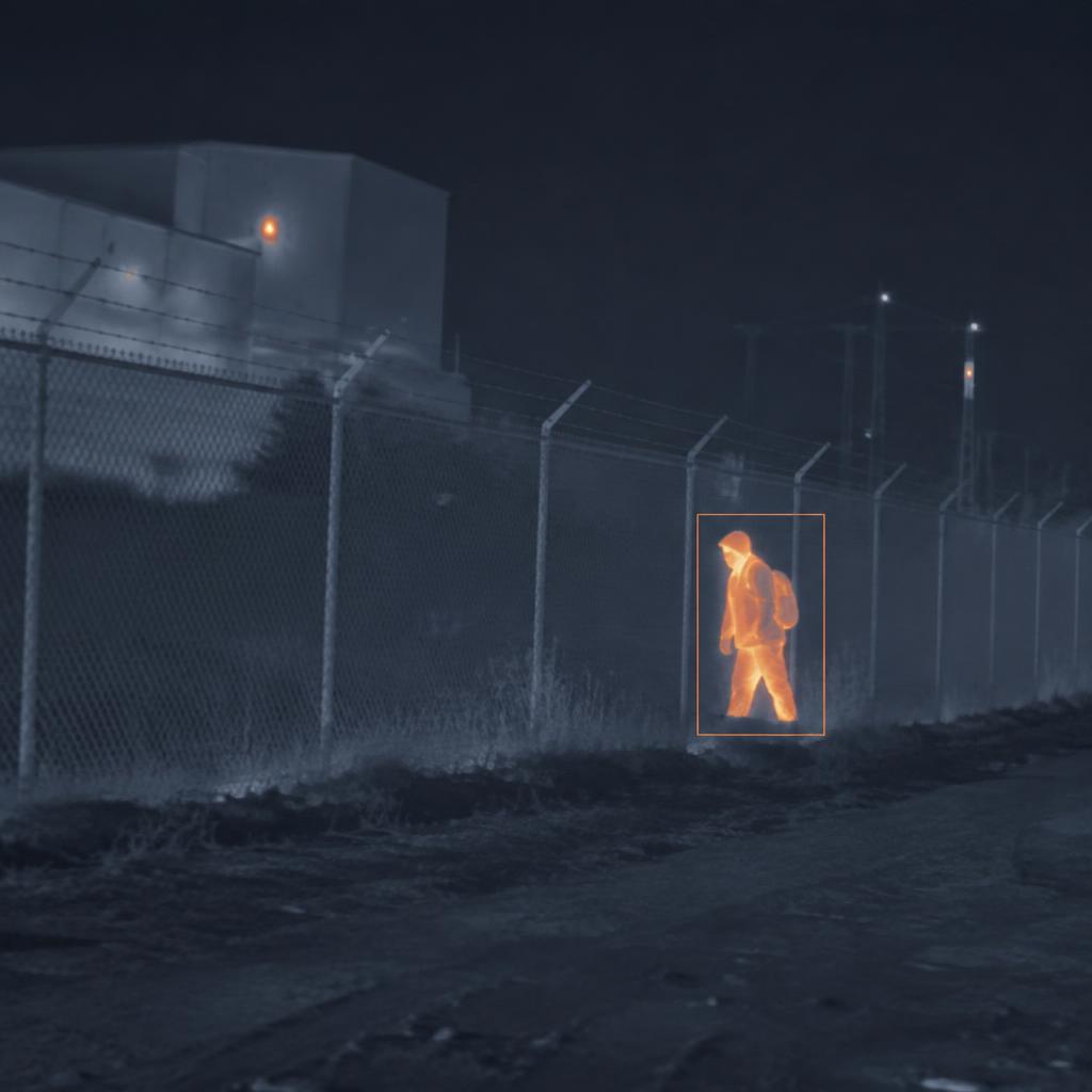Thermal camera view of a perimeter fence with a detected person